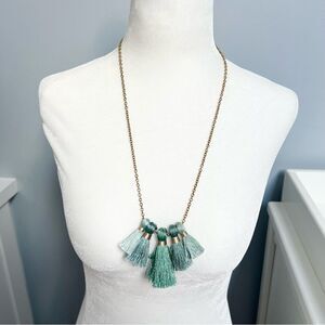 Miss Ivy Pearl Green Fringe Tassel Necklace on a Long Gold Tone Chain